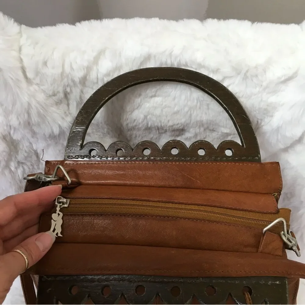 American Angel Womens Genuine Leather Wood Handle Shoulder Crossbody Bag Brown